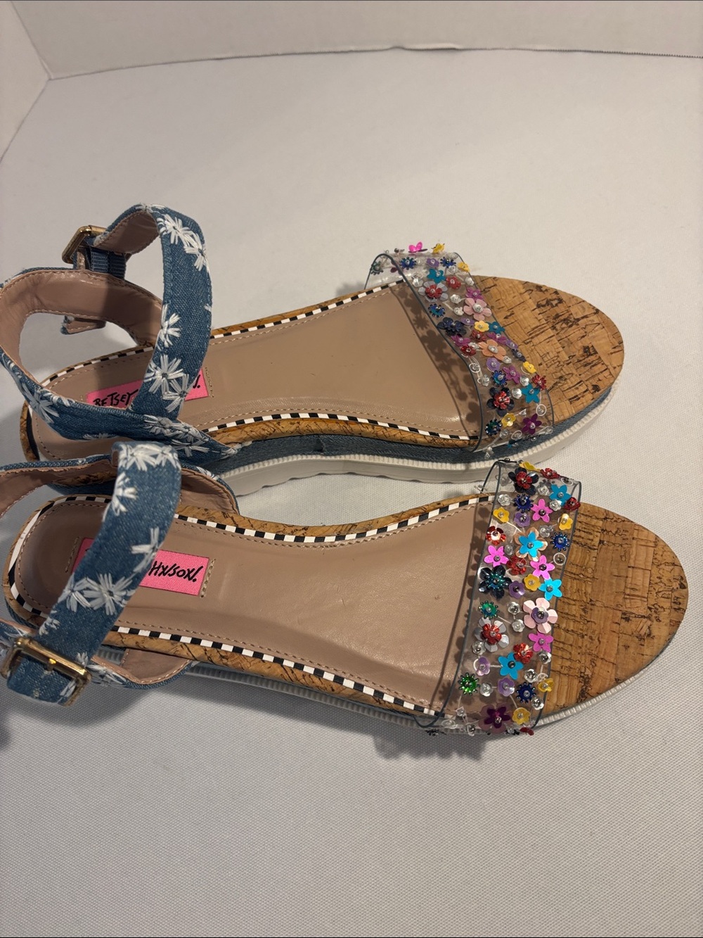 Betsey Johnson cork platform Denim Wedge Sandals with Floral Sequins straps. 9 - Picture 8 of 10